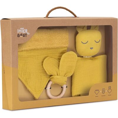 Coffret Cadeau Interbaby Moutarde Museline avec Doudou, Bavoir et Anneau de Dentition Coffret Cadeau Interbaby Moutarde Museline avec Doudou, Bavoir et Anneau de Dentition