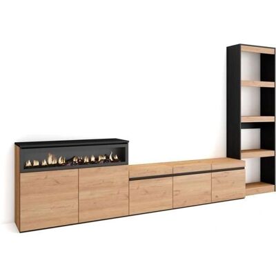Skraut Home - Muebles de Salón - Conjunto de Comedor - 310x186x35cm - Para TV hasta 65'' - Chimenea eléctrica - Estilo Moderno - Roble y negro Skraut Home - Muebles de Salón - Conjunto de Comedor - 310x186x35cm - Para TV hasta 65'' - Chimenea eléctrica - Estilo Moderno - Roble y negro
