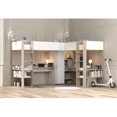 Miroytengo - Dubbelsäng med loft och skrivbord - Modern vit & japansk ek Miroytengo - Dubbelsäng med loft och skrivbord - Modern vit & japansk ek