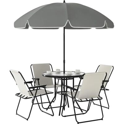Conjunto de Móveis de Jardim Outsunny - 6 Peças com Mesa de Vidro, Cadeiras & Guarda-sol Conjunto de Móveis de Jardim Outsunny - 6 Peças com Mesa de Vidro, Cadeiras & Guarda-sol