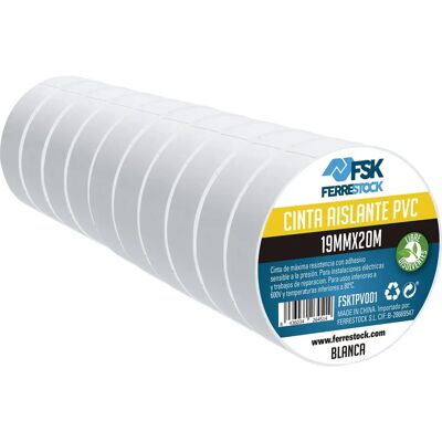 Nastro isolante Ferrestock - Confezione da 10, 19mm x 20m, Bianco Nastro isolante Ferrestock - Confezione da 10, 19mm x 20m, Bianco