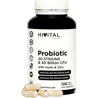 Hivital Probiótico - 20 cepas, 40 mil millones UFC, 120 cápsulas veganas - Salud intestinal y inmunidad Hivital Probiótico - 20 cepas, 40 mil millones UFC, 120 cápsulas veganas - Salud intestinal y inmunidad