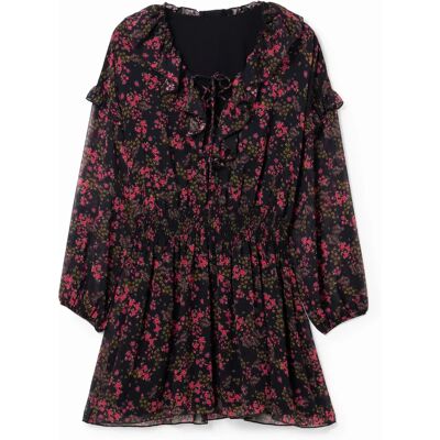 Černé šaty Desigual s výstřihem do V - Mini, květinový vzor, dlouhý rukáv Černé šaty Desigual s výstřihem do V - Mini, květinový vzor, dlouhý rukáv