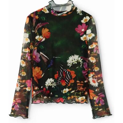 Desigual Vert Květinové Dlouhé Rukávy Tričko - Tričko Desigual Vert Květinové Dlouhé Rukávy Tričko - Tričko