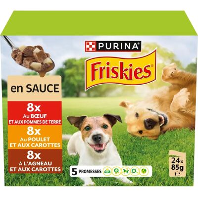 Friskies 24x85g Nourriture humide pour chiens adultes avec sauces au bœuf, poulet et agneau - Nourriture pour chiens - Publicité Friskies 24x85g Nourriture humide pour chiens adultes avec sauces au bœuf, poulet et agneau - Nourriture pour chiens - Publicité