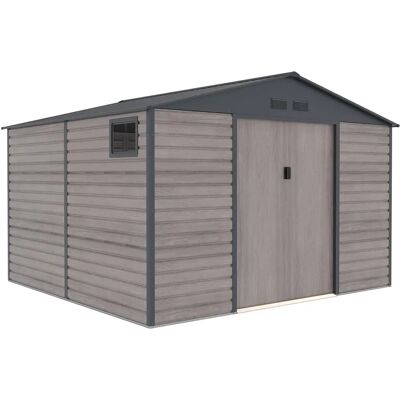 Gardiun Surrey - Abri de jardin métallique avec effet bois - 10,85m2 - Publicité Gardiun Surrey - Abri de jardin métallique avec effet bois - 10,85m2 - Publicité