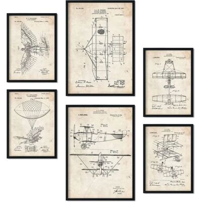 Conjunto de 6 lâminas de patentes vintage de aviões - Arte de parede Conjunto de 6 lâminas de patentes vintage de aviões - Arte de parede