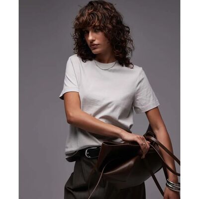 Mango Model 38 Beige Bomuld T-shirt med Rund Ribbed Hals Mango Model 38 Beige Bomuld T-shirt med Rund Ribbed Hals
