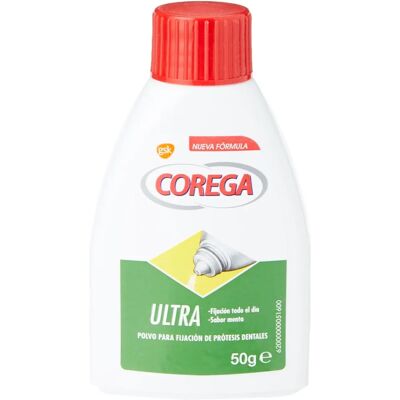 Poudre adhésive ultra Corega 50g - Fixatif pour dentiers - Publicité Poudre adhésive ultra Corega 50g - Fixatif pour dentiers - Publicité