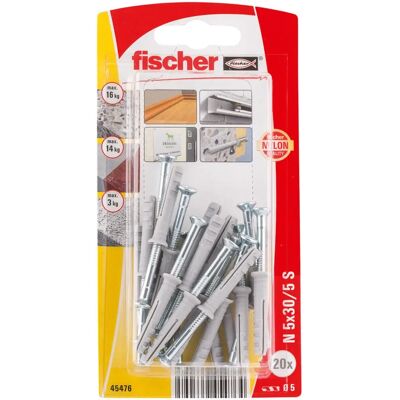Fischer N 5 x 30/5 S Nageldybbel Sæt - Vægdybel - 30mm Fischer N 5 x 30/5 S Nageldybbel Sæt - Vægdybel - 30mm