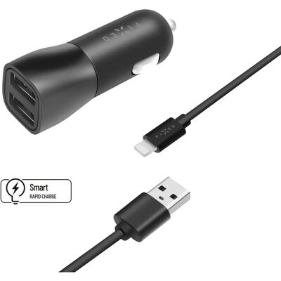 FIXED Dual 15W Biloplader Sæt - 2 USB-A, Lightning Kabel FIXED Dual 15W Biloplader Sæt - 2 USB-A, Lightning Kabel