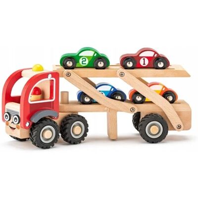 Woody Autotransporter - 4 Autos - Holzspielzeug Woody Autotransporter - 4 Autos - Holzspielzeug