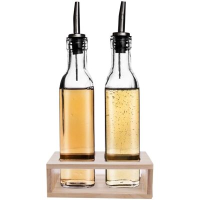 Orion Ensemble de deux bouteilles en verre avec distributeurs dans un support en bois - Bouteilles avec dispenseurs Orion Ensemble de deux bouteilles en verre avec distributeurs dans un support en bois - Bouteilles avec dispenseurs