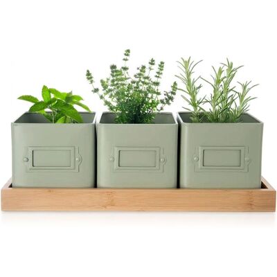 Orion - GREENISH - Metalowe doniczki - Bambusowa podstawka - Planter set Orion - GREENISH - Metalowe doniczki - Bambusowa podstawka - Planter set