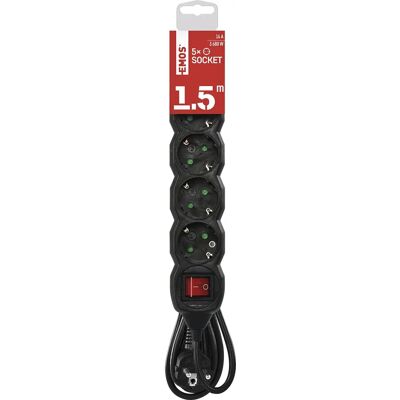 Emos PC1521R Verlengsnoer - 5 Stopcontacten, 1,5m, Zwart Emos PC1521R Verlengsnoer - 5 Stopcontacten, 1,5m, Zwart