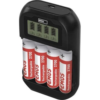 Emos Akku Ladegerät - 4xAA NiMH - USB - Erkennung alkalischer/defekter Batterien - 4 Kanäle Emos Akku Ladegerät - 4xAA NiMH - USB - Erkennung alkalischer/defekter Batterien - 4 Kanäle