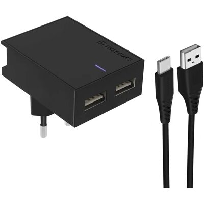 Swissten Dual USB 3A Smart IC Ladegerät mit USB-C Kabel - Schwarz Swissten Dual USB 3A Smart IC Ladegerät mit USB-C Kabel - Schwarz
