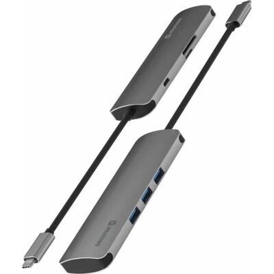 Hub USB-C Swissten 6-en-1 - 3 USB 3.0, PD 100W, SD/Micro-SD, Aluminium Hub USB-C Swissten 6-en-1 - 3 USB 3.0, PD 100W, SD/Micro-SD, Aluminium