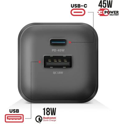 Cargador de Pared Swissten Negro 45W con USB-C y USB-A Cargador de Pared Swissten Negro 45W con USB-C y USB-A
