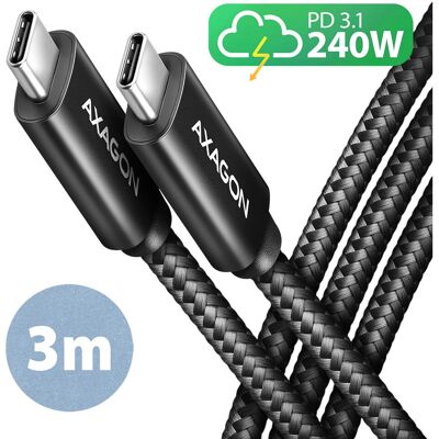 Axagon USB-C til USB-C Kabel - 3m, 240W PD, Aluminium - Sort Axagon USB-C til USB-C Kabel - 3m, 240W PD, Aluminium - Sort