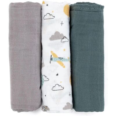 Petite&Mars Moussy Textilní Pleny Šedé Planes - 3 ks Petite&Mars Moussy Textilní Pleny Šedé Planes - 3 ks