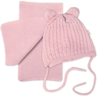 Baby Nellys - Zimní čepice na zavazování s bambulkami - pudrově růžová - 74-80 (9-12m) - set Baby Nellys - Zimní čepice na zavazování s bambulkami - pudrově růžová - 74-80 (9-12m) - set