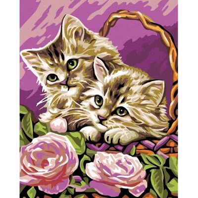 Zuty - KOŤATA V KOŠÍKU A RŮŽOVÉ RŮŽE - 40x50 cm - Bez rámu - Diamond painting Zuty - KOŤATA V KOŠÍKU A RŮŽOVÉ RŮŽE - 40x50 cm - Bez rámu - Diamond painting