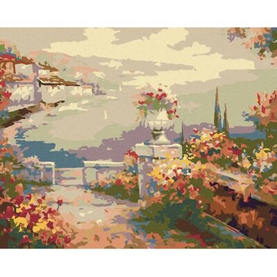 Zuty - KVĚTINOVÁ TERASA NAD MOŘEM - 40x50 cm - natažené plátno - Diamantové malování Zuty - KVĚTINOVÁ TERASA NAD MOŘEM - 40x50 cm - natažené plátno - Diamantové malování