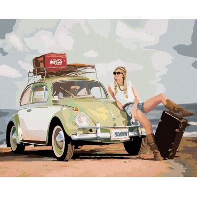 Zuty - DIAMOND_PAINTING - Zelené VW Brouk a žena s kufrem - Diamantové malování sada Zuty - DIAMOND_PAINTING - Zelené VW Brouk a žena s kufrem - Diamantové malování sada