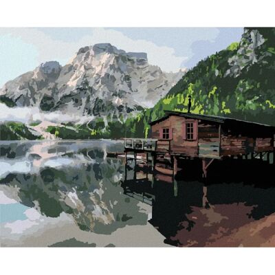 Zuty - JEZERO S CHATOU A LODĚMI ITÁLIE - 40x50 cm - Bez rámu - Diamantové malování set Zuty - JEZERO S CHATOU A LODĚMI ITÁLIE - 40x50 cm - Bez rámu - Diamantové malování set