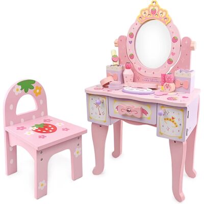 Toaletă din lemn roz pentru copii cu oglindă și scaun - Mobilier de joacă pentru prințese Toaletă din lemn roz pentru copii cu oglindă și scaun - Mobilier de joacă pentru prințese