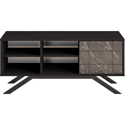 Support TV Decorotika North 130 cm - Effet Marbre et Noir - Publicité Support TV Decorotika North 130 cm - Effet Marbre et Noir - Publicité