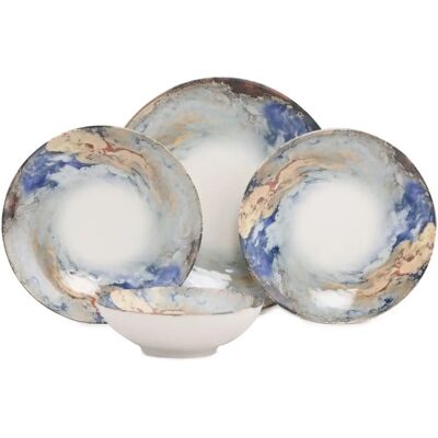 Hermia Ensemble de Vaisselle Satin 24 pièces - Blanc/Bleu/Or - Publicité Hermia Ensemble de Vaisselle Satin 24 pièces - Blanc/Bleu/Or - Publicité