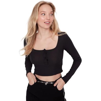 Trendyol Zwarte Knop Vierkante Hals Fitted Crop Top - Blouse Trendyol Zwarte Knop Vierkante Hals Fitted Crop Top - Blouse