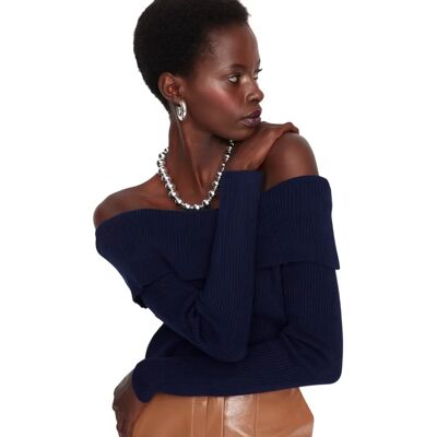 Trendyol Marine Super Crop Col Carmen Pull à Tricoter - S - Pull à Tricoter Trendyol Marine Super Crop Col Carmen Pull à Tricoter - S - Pull à Tricoter