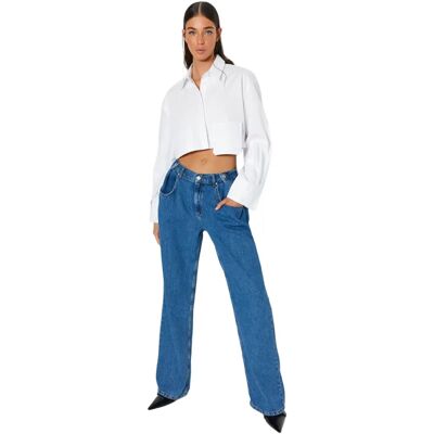 Trendyol Blauwe Geknield Plissé Hoge Taille Wide Leg Jeans - Vrouw - 42 Trendyol Blauwe Geknield Plissé Hoge Taille Wide Leg Jeans - Vrouw - 42