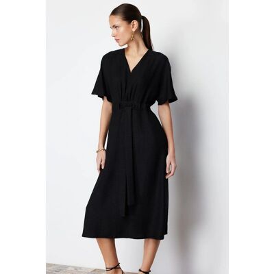 Trendyol Schwarze Krawatte A-Linien V-Ausschnitt Midikleid - Kleid Trendyol Schwarze Krawatte A-Linien V-Ausschnitt Midikleid - Kleid