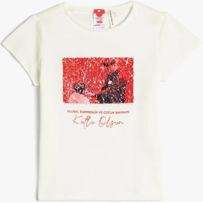 T-Shirt imprimé Atatürk à manches courtes en coton brodé de sequins - T-Shirt T-Shirt imprimé Atatürk à manches courtes en coton brodé de sequins - T-Shirt