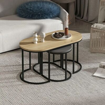 Hanah Home Dena Set van 3 Nesting Tafels - Antracite & Eik Hanah Home Dena Set van 3 Nesting Tafels - Antracite & Eik