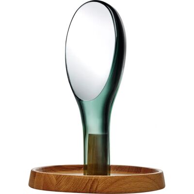 Lune Nude en Verre - Miroir cosmétique avec support en chêne - Publicité Lune Nude en Verre - Miroir cosmétique avec support en chêne - Publicité