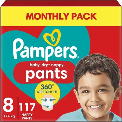 Pampers Baby-Dry Nappy Pants Size 8 117 19kg+ Monthly Pack 360° Fit To Help Prevent Gaps And Leaks Pampers Baby-Dry Nappy Pants Size 8 117 19kg+ Monthly Pack 360° Fit To Help Prevent Gaps And Leaks
