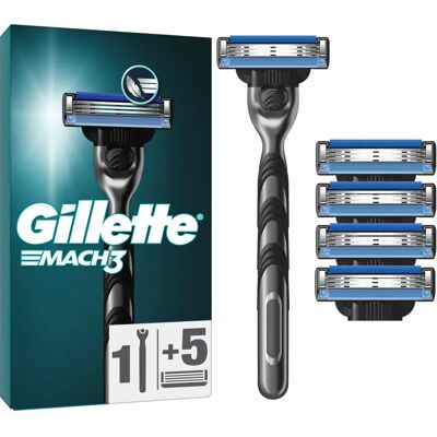 Gillette Mach3 Rasierer - Ergonomischer Griff, Ständer & 5 Nachfüllungen Gillette Mach3 Rasierer - Ergonomischer Griff, Ständer & 5 Nachfüllungen