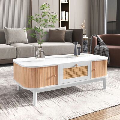 OKWISH - Tavolino - Rattanlatten - Massivholzbeine - Kaffeetisch OKWISH - Tavolino - Rattanlatten - Massivholzbeine - Kaffeetisch