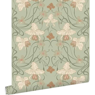 Estahome Vintage Blumenmuster Tapete - Grau-Grün & Terrakotta-Rot - 0,53x10,05m Estahome Vintage Blumenmuster Tapete - Grau-Grün & Terrakotta-Rot - 0,53x10,05m
