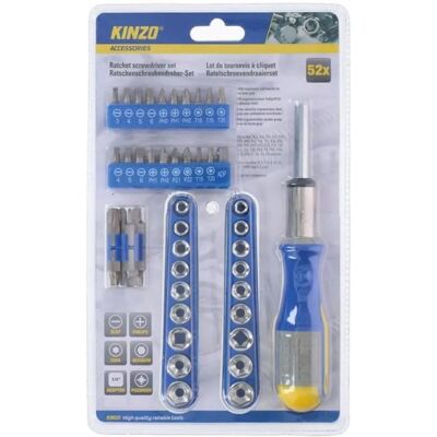 Kinzo Gereedschapset: Bit- en Ratelset - 52-delige Ergonomische Greep Kinzo Gereedschapset: Bit- en Ratelset - 52-delige Ergonomische Greep