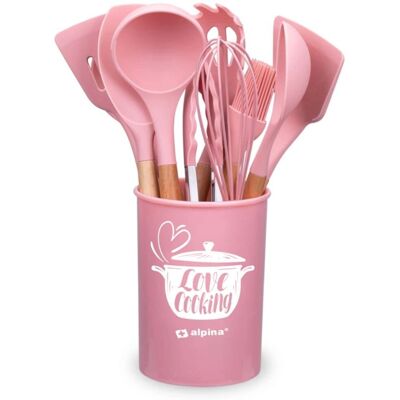 Alpina Roze Keukengerei Set - 12 Stuks - Siliconen & Houten Handvat Alpina Roze Keukengerei Set - 12 Stuks - Siliconen & Houten Handvat