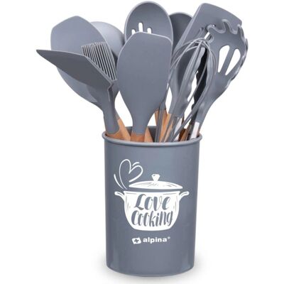 Alpina Keukengerei Set met Houder - 12 Stuks - Siliconen & Houten Handvat - Grijs Alpina Keukengerei Set met Houder - 12 Stuks - Siliconen & Houten Handvat - Grijs