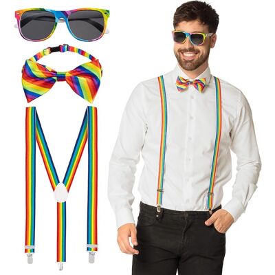 Kit d'accessoires arc-en-ciel pour adultes - My Other Me, suspendeurs, lunettes, nœud papillon - Publicité Kit d'accessoires arc-en-ciel pour adultes - My Other Me, suspendeurs, lunettes, nœud papillon - Publicité