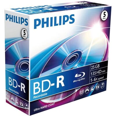 Disco Blu-ray Philips Branco 25GB - Gravável 6x - 5 unidades Disco Blu-ray Philips Branco 25GB - Gravável 6x - 5 unidades