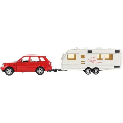 Toi-Toys Rood metalen pull-back auto met caravan - Speelgoedauto set Toi-Toys Rood metalen pull-back auto met caravan - Speelgoedauto set